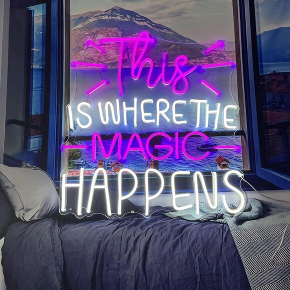 Large Neon Sign This is Where The Magic Happens Purple & White Led Light - Picture 4 of 9